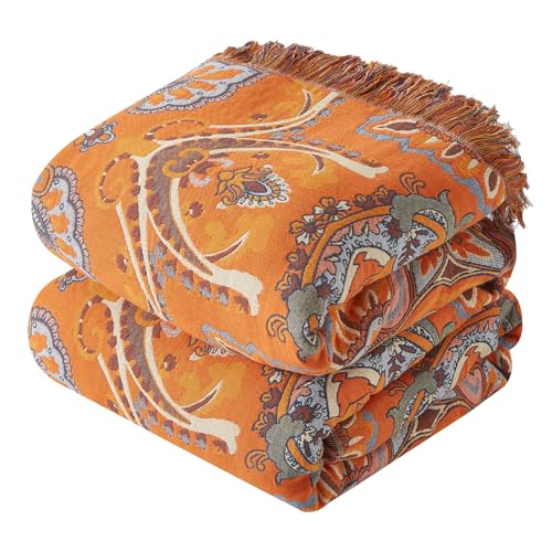 Bailix Boho Throw Blanket for Couch Sofa Bed, 100% Cotton Woven Quilt with Tassel 80”x90”, Super Soft Muslin Blanket with Floral Printed, Decorative Reversible Bed Blanket/Cover for All Seasons - color: G - Boho Floral, size: Queen/Full-80" X 90"
