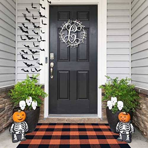 Fall Décor Orange and Black Plaid Rug, 2'4" x 3'7" Fall Outdoor Front Door Decorative Mat, Hand-Woven Rug for Layered Door Mats Washable Carpet for Porch, Entryway, Farmhouse, Autumn, Halloween - color: Orange and Black Plaid, size: 2'4" x 3'7" (Rectangul