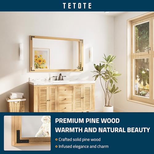 TETOTE 48 x 30 Natural Wooden Mirror for Bathroom Wall/Bedroom/Living Room/Entryway Farmhouse Rustic Wall Mirror for Wall Waterproof (Horizontal/Vertical Mounted) - color: Wood, size: 30"L x 48"W