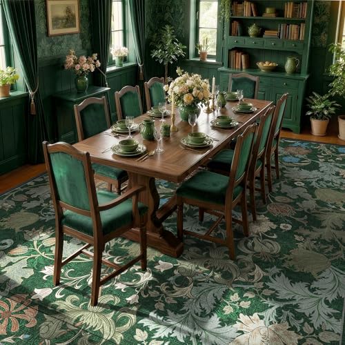 Forest Green Washable Floral Area Rug 9x12 for Living Room, Vintage Farmhouse Botanical Rug, Non Slip Low Pile Thin Floor Decor Extra Large Soft Decorative Carpet for Bedroom Dining Room Home Office - color: Green, size: 9'x12'