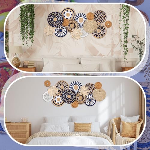 Xuhal 15 Pcs Boho Wall Basket Decor Handcrafted Seagrass Woven Wall Basket Rustic Round Woven Hanging Art for Home Farmhouse Kitchen Table Living Room(Blue Classic Style) - style: Blue Classic Style