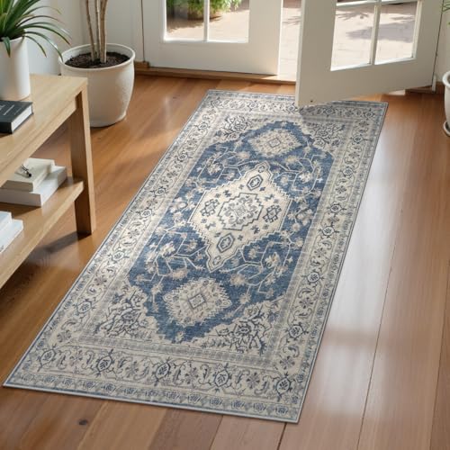 Lahome Oriental Small Area Rug, 2x4 Washable Entryway Rug Non-Slip Ultra-Thin Indoor Door Mat Distressed Throw Carpet for Kitchen Bedroom Eleanor, Blue - color: Blue, size: 2' x 4' (Rectangular)