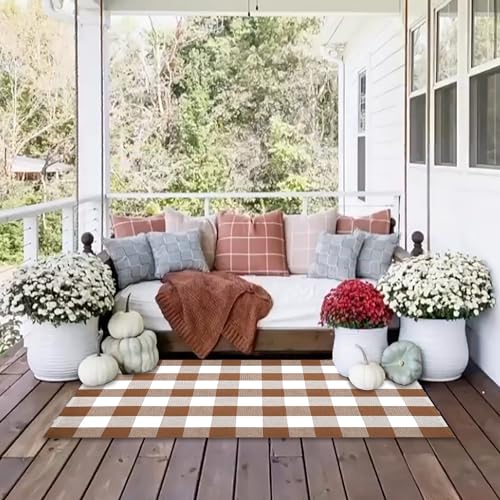 Homydecor Buffalo Plaid Outdoor Rugs, 4'x6' Coffe and White Checkered Area Rug, Layering Rug for Hello/Welcome Door Mat, Washable Cotton Woven Farmhouse Mat for Front Porch Décor - color: Coffee & White Plaid, size: 4' x 6' (Rectangular)