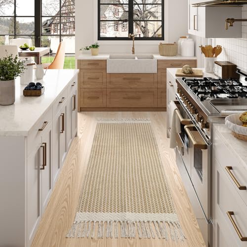 Lahome Belle Boho Bathroom Runner Rug, 2x5 Hallway Runner Rugs Washable Rugs for Entryway Indoor Door Mat with Tassels, Farmhouse Woven Cotton Low Pile Rug Runners for Hallways Laundry Room, Khaki - color: Khaki, size: 2' x 5' (Runner)