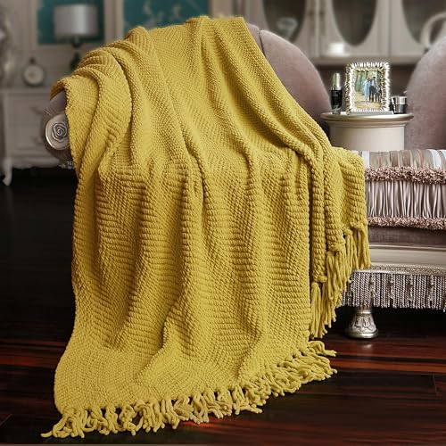 Home Soft Things Yellow Throw Blanket Knitted Tweed Throw 50'' x 60'', Lemon Curry, Super Soft Cozy Warm Comfortable Breathable Throw for Living Room Chair Couch Bed Sofa Bedroom Home Décor - color: Lemon Curry, size: 50 in x 60 in