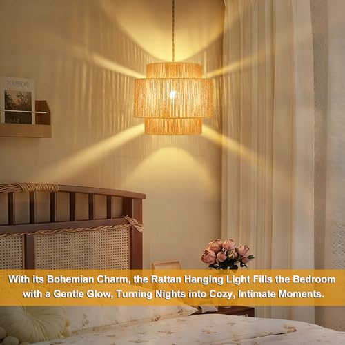 plug in pendant light rattan hanging lamp with 14.7ft Hemp Rope，Dimmable boho pendant lamp with adjustable cord，high output wicker hanging light plug in Woven Shade for Bedroom Dinning Kitchen - size: 3 tier HL-8