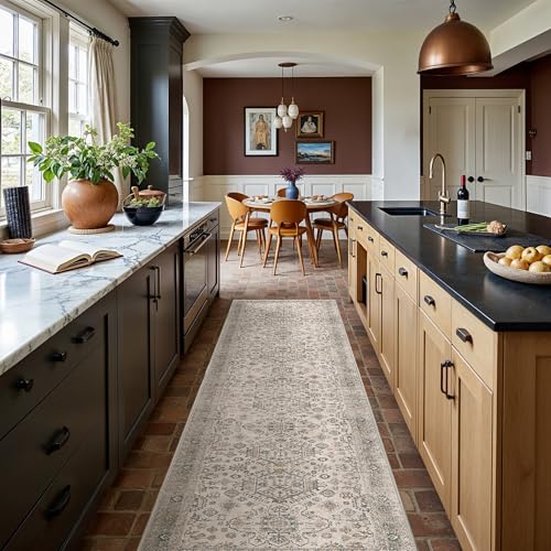 Bavni Washable Runner Rug 2’6”x10, Non Slip Vintage Hallway Runner, Ultra Thin Low Pile Washable Carpet for Kitchen Entryway Bedroom, Light Taupe Brown - color: Light Taupe Brown, size: 2'6" x 10' (Rectangular)