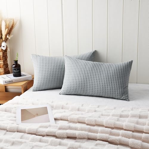 100% Egyptian Cotton 600 TC Waffle Weave Lumbar Pillow Covers 2 Pack, Ultra Soft Breathable Rectangle Throw Pillow Covers, Decorative Cushion Covers for Bed Couch Sofa Car, No Insert, Gray, 12" x 20" - color: Grey, size: 20" x 12" (Pack of 2)