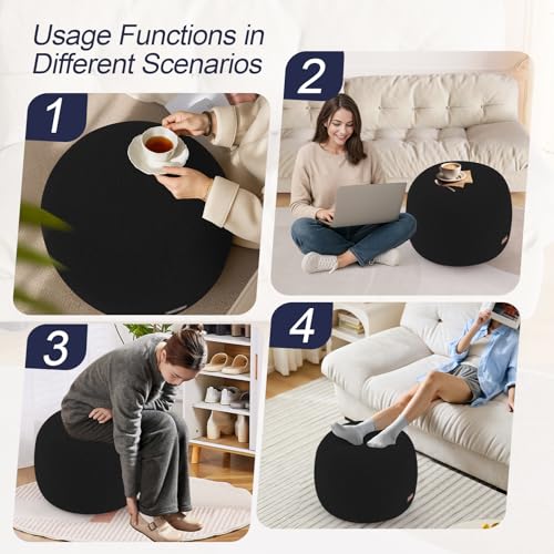 MeMoreCool Stuffed Round Pouf Ottoman Foot Rest, Floor Pouf Foot Stool with Soft Foam Chunk Filling, Small Round Ottoman Footstool Circle Footrest for Living Room, Black - color: Teddy Black