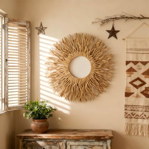 BDJBXK Large Boho Wall Art Decor – Unique Handmade Sunburst Mulberry Branch 27in Wall Art for Living Room, Bedroom, Office, Farmhouse & Home Décor