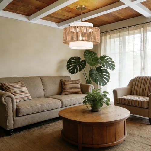 12.4"Farmhouse Chandelier for Dining Room, 1-Light Boho Rattan Chandelier Light Fixture Ceiling Hanging with Fabric Lampshade, Small Wicker Coastal Pendant Light for Kitchen Bedroom Island Hallway - size: 12.4″Fabric