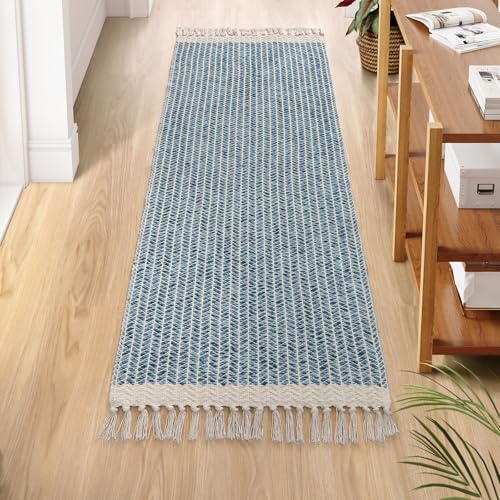 Lahome Belle Boho Kitchen Runner Rugs, 2x6 Laundry Room Rug Lightweight Bathroom Runner Woven Cotton Throw Mat with Tassels, Farmhouse Washable Blue Rug Low Pile Runners for Hallways Entry - color: Blue/Multi, size: 2' x 6' (Runner)
