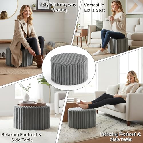 LITA Round Stuffed Pouf Ottoman, Corduroy Poufs with High-Density Foam Filling and Washable Cover, Furry and Fluffy Bean Bag Foot Stools Ottoman for Living Room, Bedroom, Office, Grey, Round - color: Round Corduroy Grey