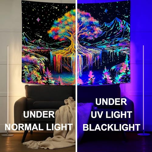 Spenlife Blacklight Tree of Life Tapestry Neon Fantasy Tapestry for Bedroom Rainbow Tapestries Wall Hanging Bedroom Living Room Wall Art and Home Decor 44x60 - color: Bright Yellow, size: 60"L x 44"W
