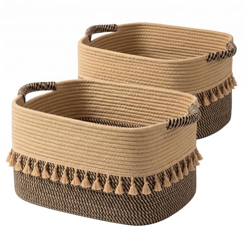 TeoKJ Set of 2 Baskets for Organizing, Decorative Rope Baskets for Storage, Storage for Pets, books, Pillows, Toys & Cloths, Black & Jute - color: Black & Jute, size: 2 Pack