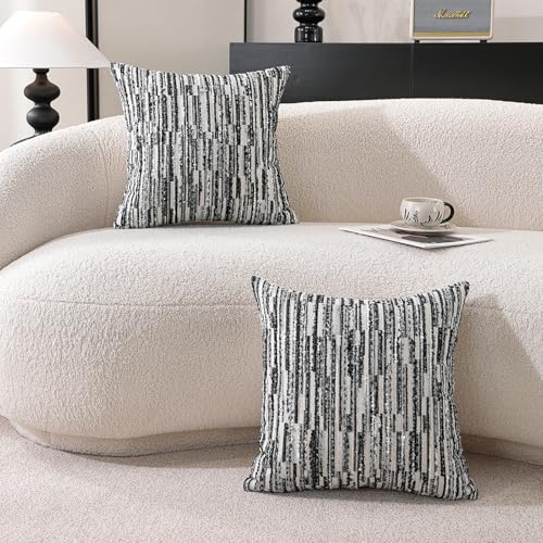 Striped Throw Pillow Covers 22x22 Set of 2 Black Textured Boucle Chic Morden Boho Accent Farmhouse Decorative Chenille Pillow Covers for Home Decor Bed Sofa Living Room - color: Black, size: 22" x 22" (Pack of 2)