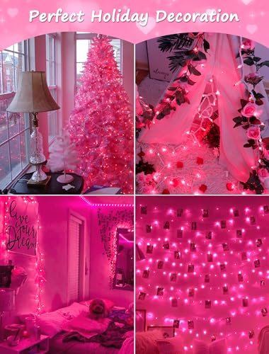 Hopolon Pink Mini Christmas Lights,2 Pack 13FT 50Count Fairy String Light Set,White Wire Incandescent Pink Valentines Day Lights Connectable for Indoor Outdoor Wedding Birthday Valentine’s Day Decor - color: Pink,White Wire, size: 2PACK, 50 count