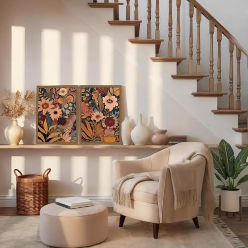 2pcs Orange Flower Framed Canvas Wall Art Set Rural Bohemian Natural Style Canvas Painting Mid Century Modern Floral Botanical Wall Deco For Living Room,Bedroom,Office 16x24in - color: Orange flowers, size: 16x24in