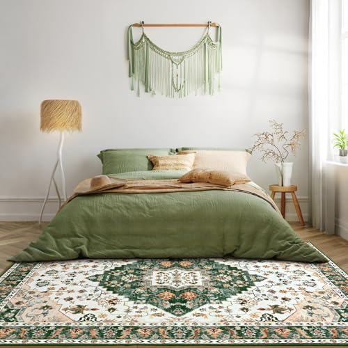 Amearea Vintage Design Area Rugs for Living Room, 4x6 Machine Washable Floral Collection Traditional Bedroom Rug, Low Pile Cute Kids Room Print Carpet, No Slip Office Kitchen Home Decor, Green - color: Green, size: 4' X 6' (Rectangular)