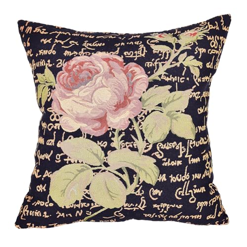 18x18 Tapestry Pillow Cover, Jacquard Woven Pink Rose with Calligraphy Script, Vintage Floral Decorative Throw Pillow Sham for Couch, Victorian Accent Cushion Case (Antique Charcoal & Script Rose) - color: Antique Charcoal & Script Gold Rose