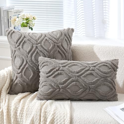 MIULEE Dark Grey Throw Pillow Covers 18x18 Inch, Soft Winter Plush Faux Wool Couch Pillow Covers Set of 2 Decorative Farmhouse Boho Throw Pillows for Sofa Living Room Bed - color: Dark Grey, size: 18" x 18" (Pack of 2)