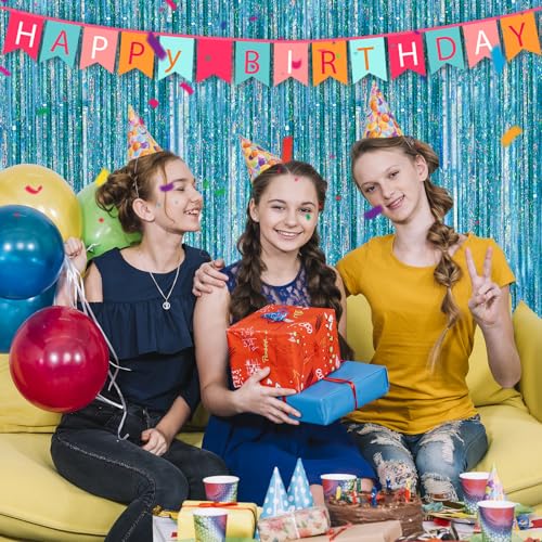 Crosize 2 Pack 3.3 x 9.9 ft Laser Blue Foil Fringe Curtains Party Decorations, Tinsel Curtain Backdrop for Parties, Door Streamers, Glitter Streamer Backdrop for Birthday Decoration - color: Laser Blue, size: 2 Pack