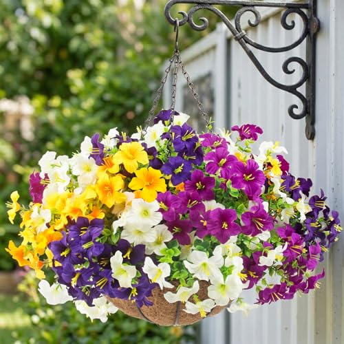 2 Set Artificial Outdoor Flowers with Hanging Baskets,24 Pcs UV Resistant Faux Petunias Flowers with Hanging Planter for Front Door Porch Spring Outside Decor (2, White,Yellow,Purple,RedViolet) - color: White,yellow,purple,redviolet