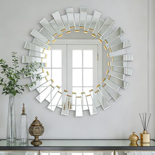 Round Decorative Mirror - 26" Sunburst Sun Mirrors for Wall Decor with Gold 3D Beveled Glass Frame, Modern Wall Art Accent for Living Room, Bedroom, Fireplace, Entryway, Dining Room - color: Sunburst-gold