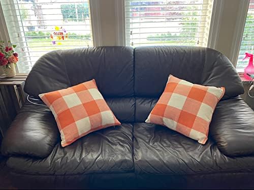 VAKADO Fall Outdoor Decor Throw Pillow Covers 18x18 Set of 2 Orange Buffalo Plaid Thanksgiving Front Porch Farmhouse Rustic Cushion Autumn Home Decorations for Couch Sofa Living Room