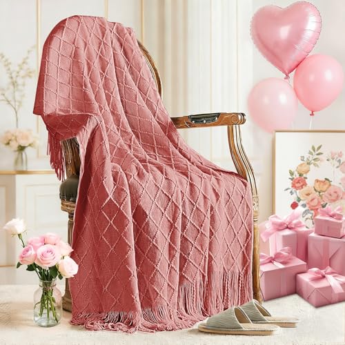 inhand Coral Pink Knitted Throw Blanket for Couch Bed, Mothers Day/Mom Birthday Gifts for Mom from Daughter Son, Soft Lightweight with Tassels, Farmhouse Warm Decorative Blanket for Women, 50"x60" - color: Coral Pink, size: 50"x60"