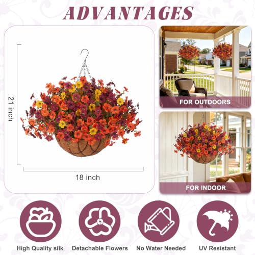 Fake Mums Artificial Fall Flowers with Hanging Baskets Outdoors for Decoration Faux mums for outdoor planters Daisy Flower with Eucalyptus Leaves for Porch Home Patio Balcony and Yard Autumn Decor - color: Orange Brown Yellow