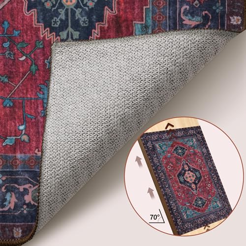 Tangsoo Washable Entryway Rugs 2x3 Vintage Non Slip Small Area Rug, Indoor Front Door Rug, Print Distressed Door Mat Indoor Entrance Soft Low Pile Throw Rug for Entry Kitchen Bedroom Burgundy/Navy - color: Burgundy/Navy, size: 2' X 3' (Rectangular)