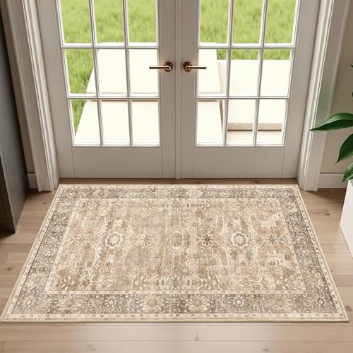 2x3 Entryway Rug Beige Washable Vintage Rugs for Entryway Kitchen Low Pile Non-Slip Door Mat Traditional Distressed Small Throw Area Rugs for Kitchen Entrance Bathroom Beige - color: Beige, size: 2'*3'(Rectangular)