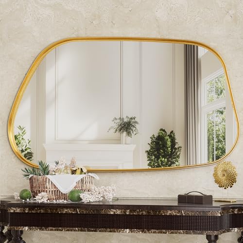 Irregular Wall Mirror 55"x28" Bathroom Mirrors Asymmetrical Artistic Decorative for Living Room Bedroom Bathroom Hallway Entryway,Trapezoid,Gold - color: Gold, size: 55"L x 28"W