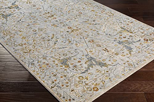 Hauteloom Kunzite Living Room, Bedroom Area Rug - Floral Medallion Border Distressed Leaf - Traditional Oushak Oriental Turkish Transitional - Denim, Light Gray, Cream, Gray, Beige - 2' x 2'11" - color: Denim, Light Gray, Cream / Bornova, size: 1'11" x 2'