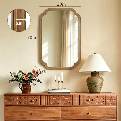 HOMECOOKIN Wood Bathroom Mirror for Wall Decor Arched Rounded Corner Rustic Wood Frame Wall Mirror Home Decorative for Vanity, Living Room, Bedroom, Entryway (20 x 30 inch, Natural) - color: Natural, size: 30"L x 20"W