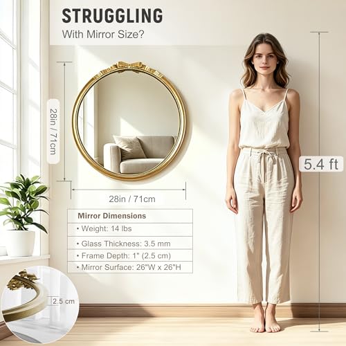 Vintage Gold Round Bow Mirror 28" – Decorative Metal Frame Circle Mirror with Beaded & Beveled Design, Antique Baroque Wall Mirror for Living Room, Bedroom, Bathroom, Entryway - color: Bow - 28"l X 28"w