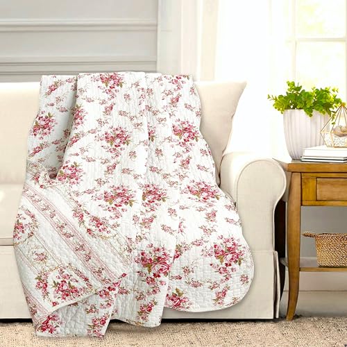 Cozy Line Home Fashions Fuchsia Pink Rose Cream Floral Print Reversible 100% Cotton Quilted Throw Blanket 60" x 50" Machine Washable and Dryable (Roses) - color: Roses