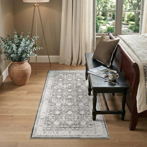 jinchan 2x5 Washable Vintage Runner Rug, Distressed Traditional Floral Hallway Runner, Soft Low-Pile Non-Slip Floor Mat for High-Traffic Kitchen Entryway Laundry Room Bathroom Vanity, Grey - color: Oriental Grey, size: 2' x 5' (Runner)
