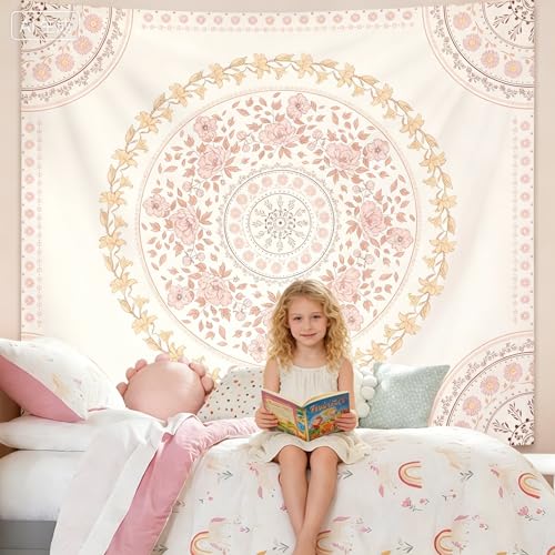 Tichgeim Boho Floral Pink Mandala Tapestry Wall Hanging for Bedroom, White and Pink Aesthetic Tapestries Room Cute Decor for Girls, Hippie Indian Blanket for Dorm Livingroom 61" × 50" - color: Pink White Mandala Tapestry, size: 60"L x 51"W