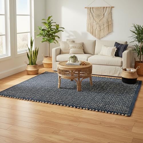 Navy 4X6 Jute Rug Braided Construction - Farmhouse Woven Carpet - Nautical Floor Covering for Bedroom Laundry Room, 4' x 6' - color: Navy, size: 4' x 6'