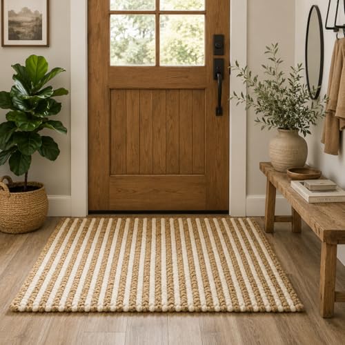 FRELISH DECOR Runner Rug, 2x3 Feet - Premium Wool & Jute Blend Handwoven Rug - Natural Fiber Chunky Stripe Design for Hallway, Entryway, Bedroom, and Dining Area: Natural Ivory - size: 2' x 3' (Rectangular)