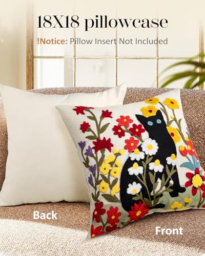 Embroidered Throw Pillow Cover - 18x18 Decorative Pillow Cover with Zipper Aesthetic Cute Design Boho Spring Summer Throw Pillowcase for Living Room Couch Sofa Bed, Flower Cats - color: Flower Cats, size: 18" x 18" (Pack of 1)