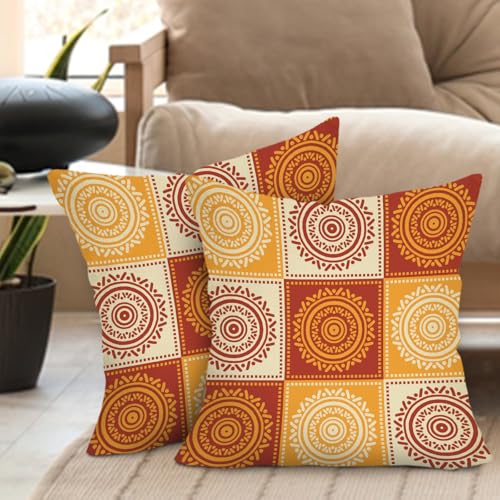Boho Yellow Orange Mandala Decorative Throw Pillow Covers 18 x 18 Set of 2, Bohemian Vintage Abstract Circular Floral Porch Outdoor Home Decor, Geometric Flower Ethnic Sofa Couch Cushion Case