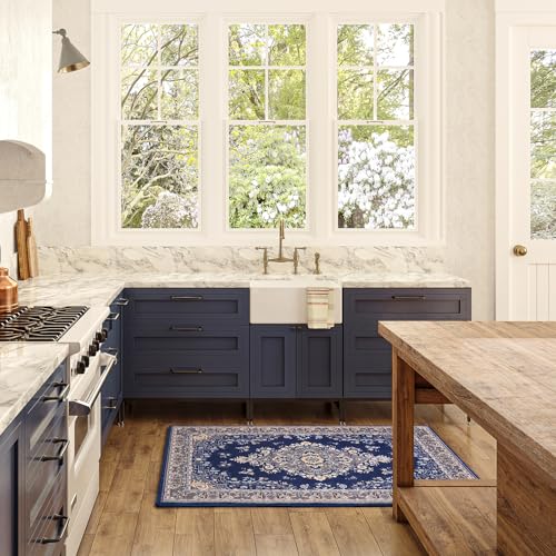 HOMORE Entryway Rug 2x3 Small Rugs for Bedroom, Navy Blue Floral Faux Wool Non Slip Washable Low Pile Indoor Doormat for Entance Kitchen Bedside, Accent Rugs for Room Decor - color: Navy Blue, size: 2' x 3' (Rectangular)