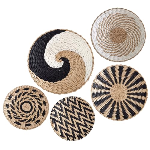 5-Pack Hanging Rattan Woven Wall Basket Decor Set 7.9 9.8 11.8 Inch - Rustic Wall Art Key Tray for Living Room Bedroom Kitchen