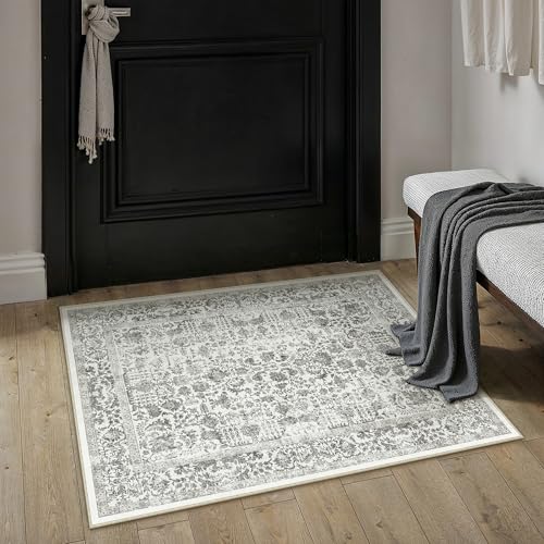 PureCozy Black Entryway Area Rug 2x3 Door Mat Machine Washable Kitchen Vintage Distressed Non Slip Carpet Indoor Retro Floral Accent Throw Small Rug for Bathroom Office Bedroom Dining Room - color: Accent | Black, size: 2' x 3' (Rectangular)