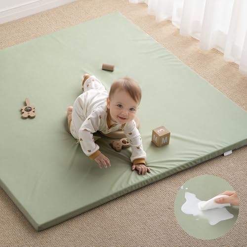 Blissful Diary Vegan Leather Baby Play Mat, 50x50 Thicken Foam Cushioned & Waterproof Playpen Mat for Infants and Toddlers, Stylish and Just Wipe-Clean Playmat for Baby Play on Floor, Light Green - color: Light Green, size: 50" X 50"