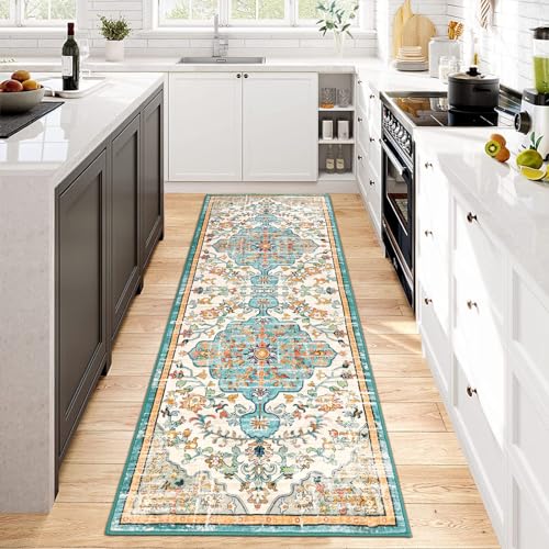 Pauwer Boho Hallway Runner Rug 2x6 Washable Entryway Area Rugs Non Slip Farmhouse Vintage Floor Mat Carpet Runner for Hallways Laundry Room Kitchen Bathroom Bedroom - color: Blue Multi, size: 2' x 6' (Runner)