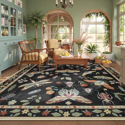 Beeiva Insect Print Rug 8x10, Washable Throw Rugs for Bedroom Under Bed, Boho Non Slip Low Pile Ultra Thin Foldable Large Carpet for Kids Room Playroom Living Room Decor(Black,8x10ft) - color: Black, size: 8' x 10' (Rectangular)